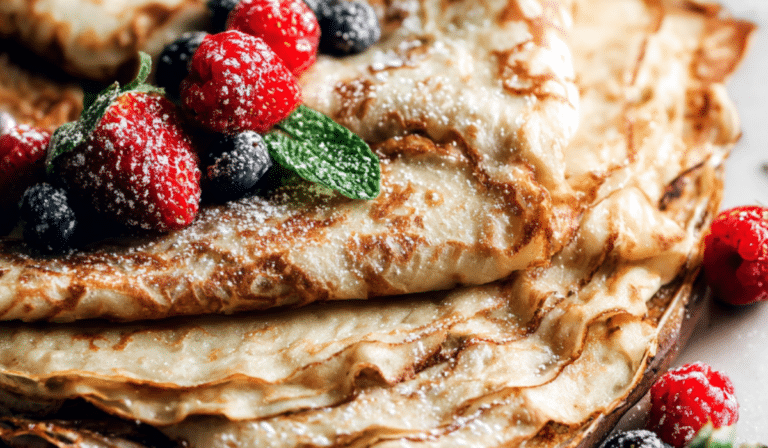 Homemade Crepes served with berries and powdered sugar