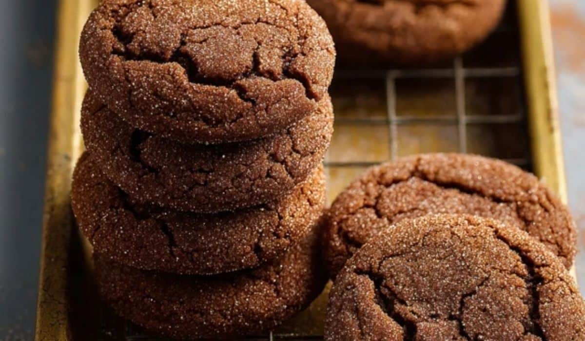 Chocolate Snickerdoodles stacked on rustic tray