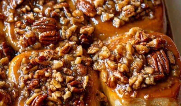 Maple Pecan Sticky Buns with glaze and pecans