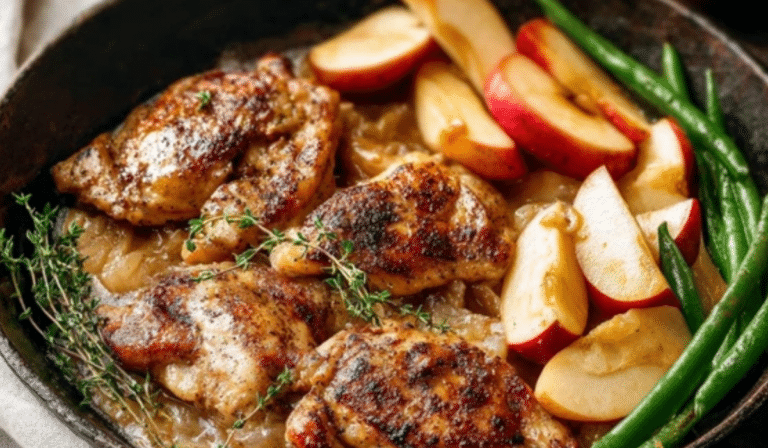Skillet Apple Cider Chicken in cast iron skillet
