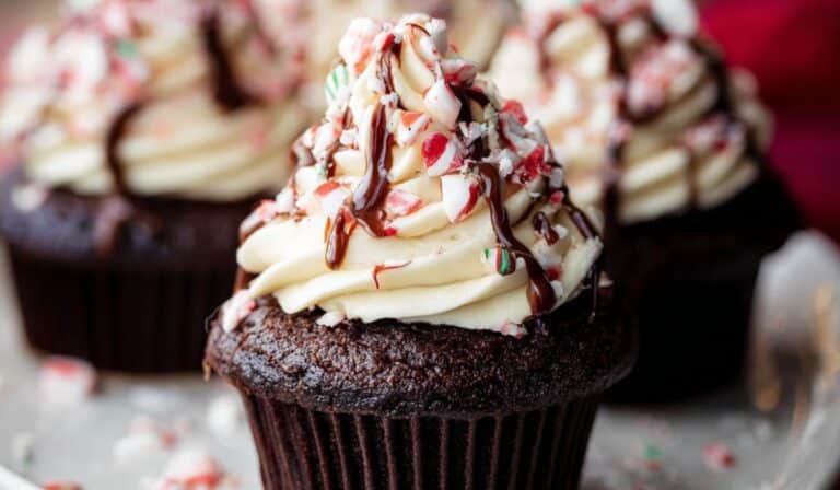 peppermint mocha cupcakes on holiday tray