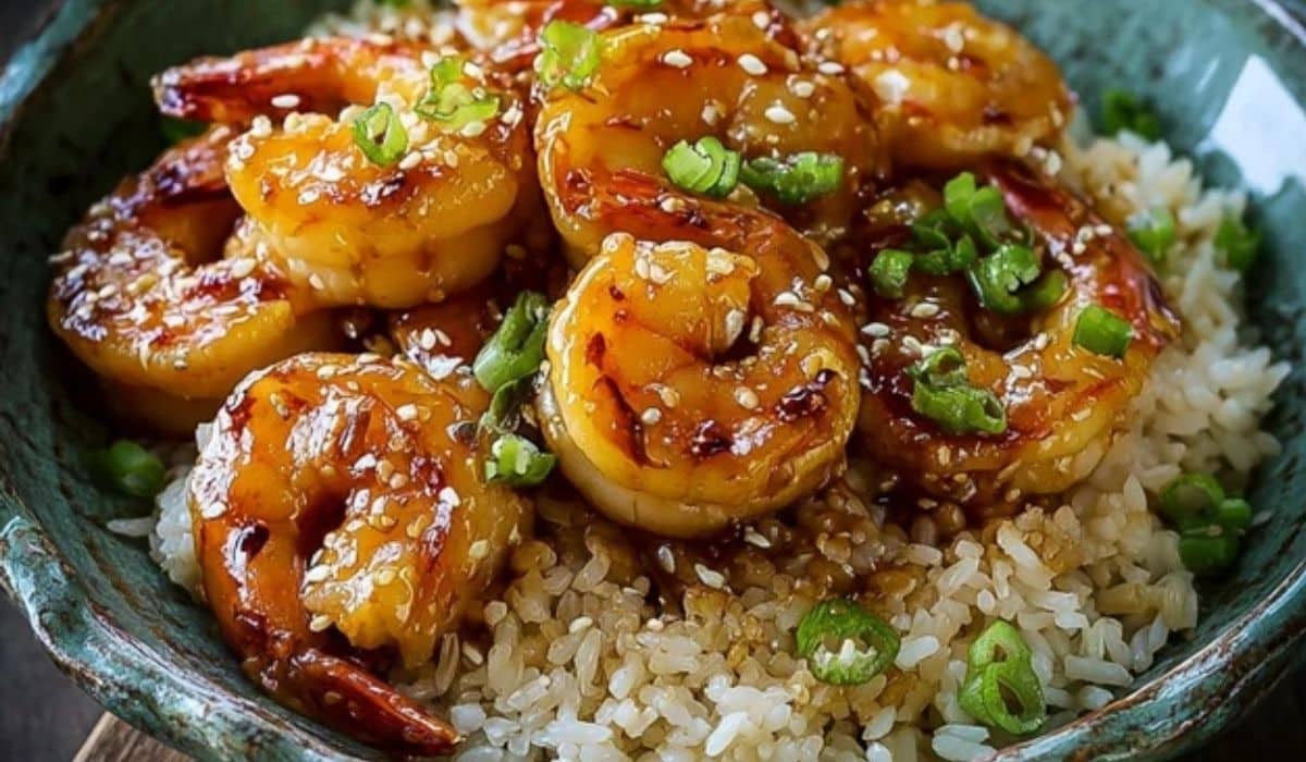 honey garlic shrimp served over rice