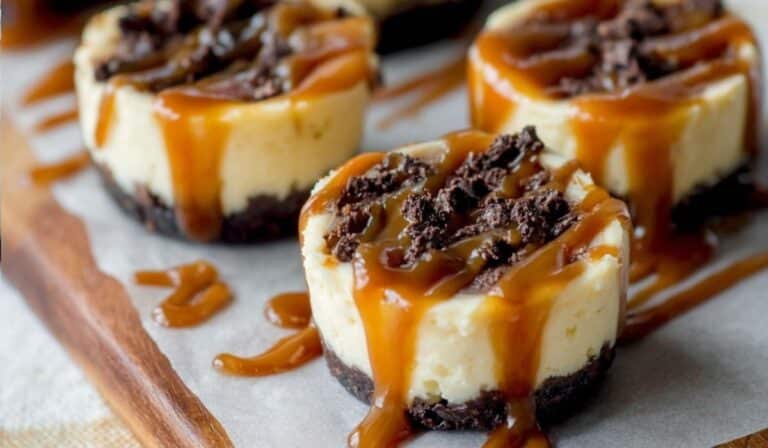 Salted Caramel Chocolate Chip Cheesecakes dessert on rustic tray
