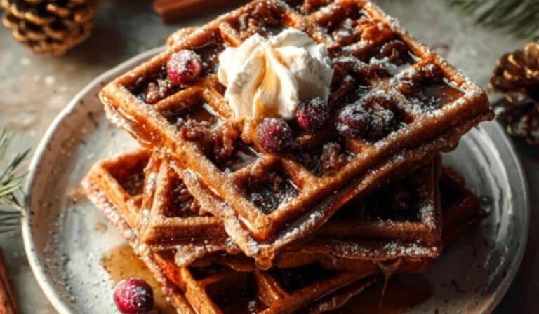 Gingerbread Waffles stacked with syrup and cream