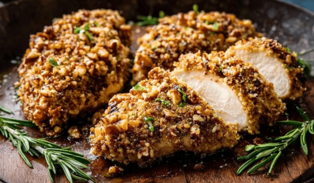 Walnut-Crusted Chicken on rustic plate