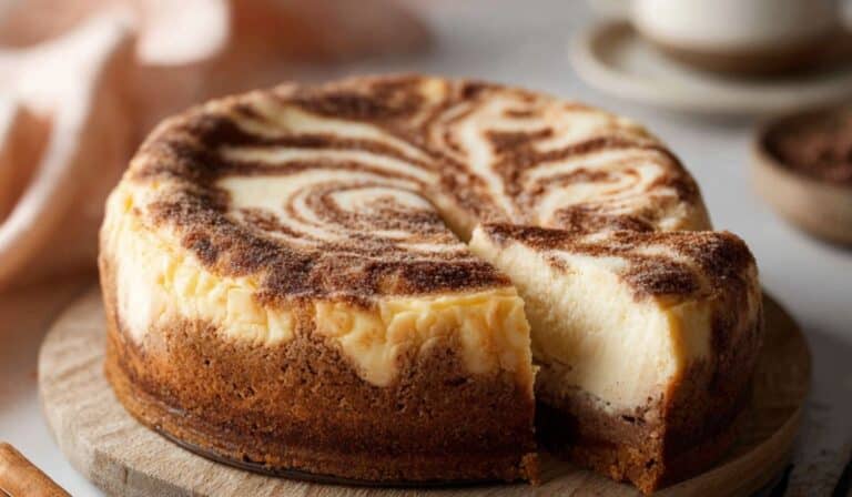 Cinnamon swirl cheesecake on rustic table