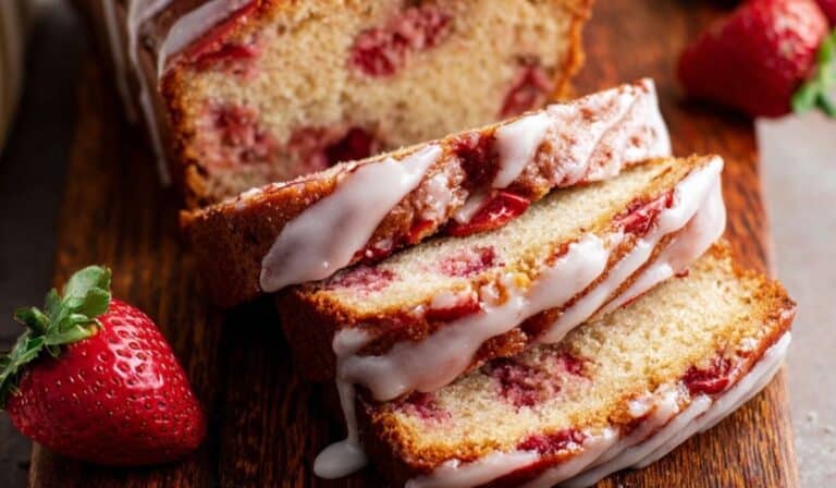 Glazed Strawberry Bread on rustic table