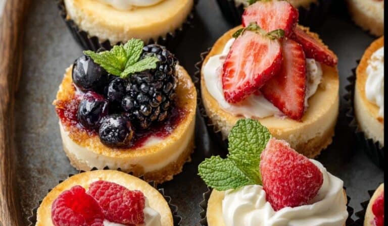 Freshly baked mini cheesecakes topped with berries and caramel.