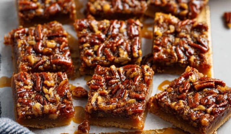 Brown Butter Pecan Pie Bars on rustic tray