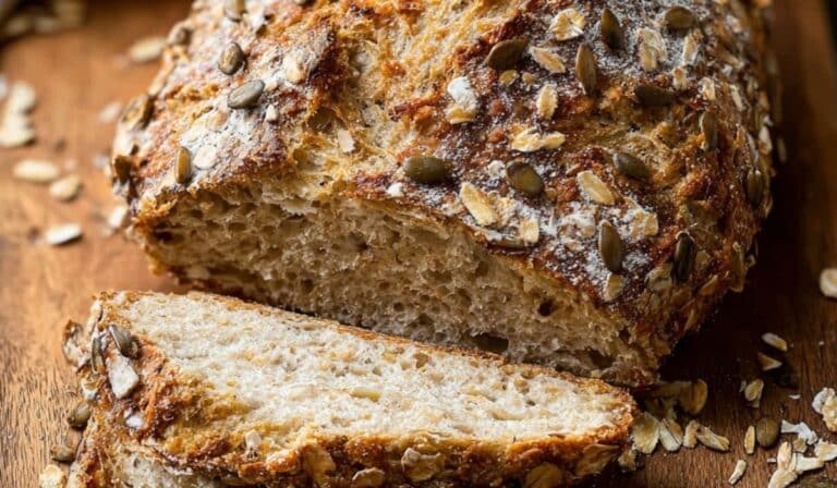 No Knead Seeded Oat Bread rustic loaf on board