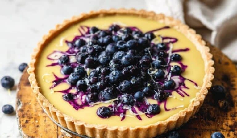 Lemon Blueberry Tart freshly baked with golden crust