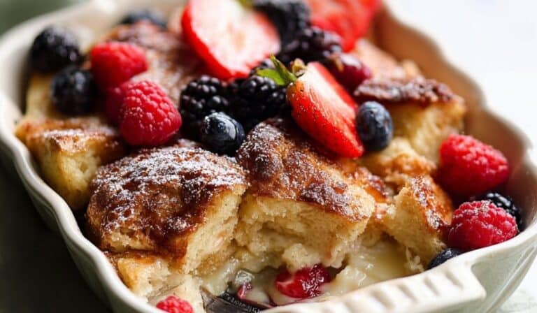 Berries & Cream French Toast Casserole in a ceramic dish