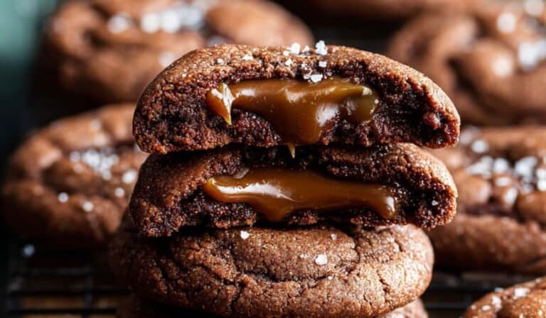 Stack of caramel stuffed Nutella cookies with gooey center