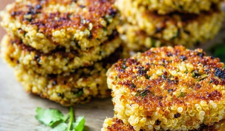 Crispy Quinoa Patties served on rustic plate