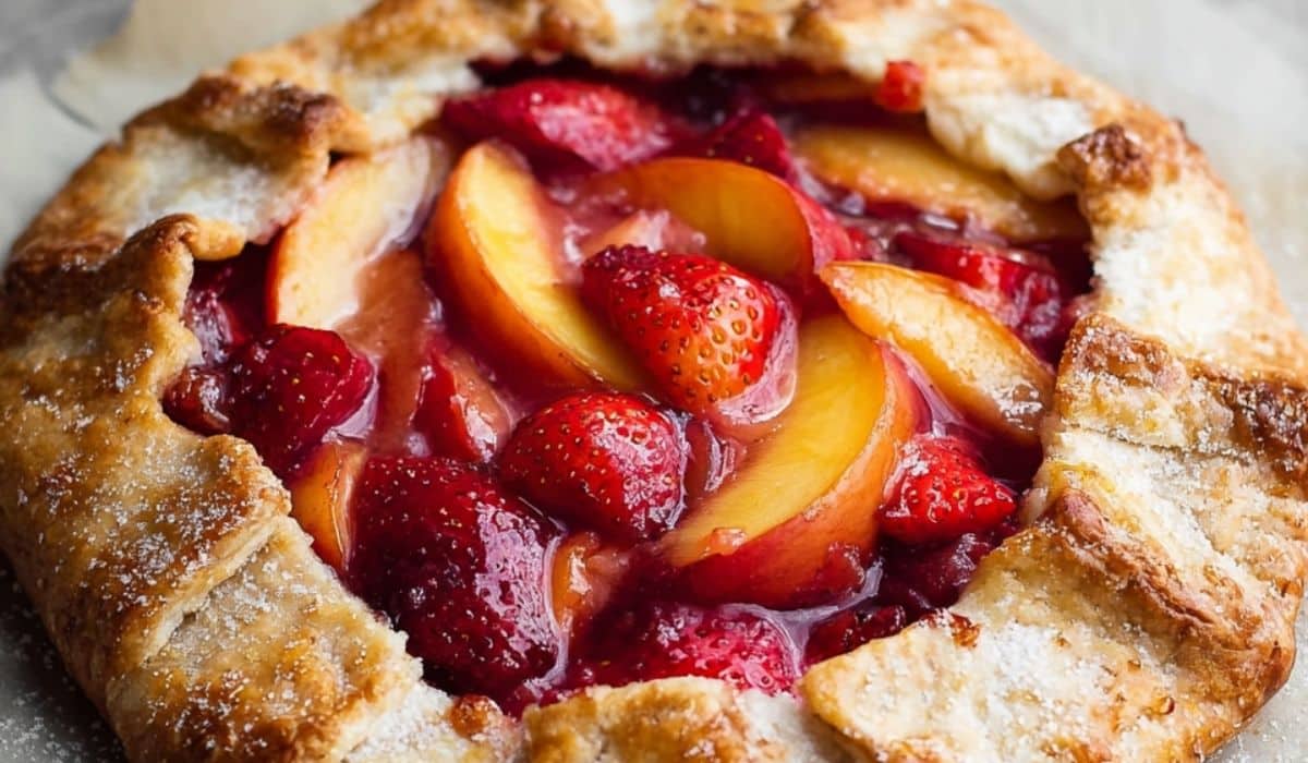 Strawberry Peach Galette on rustic table