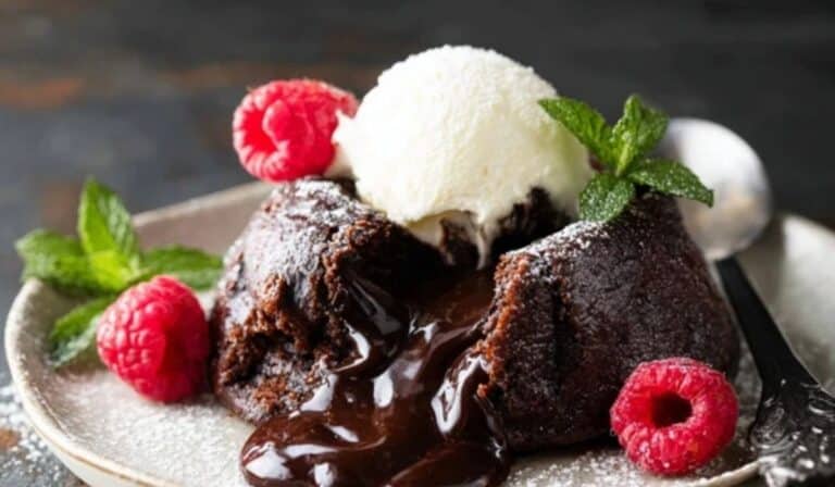 Chocolate Lava Cakes with molten center and raspberries