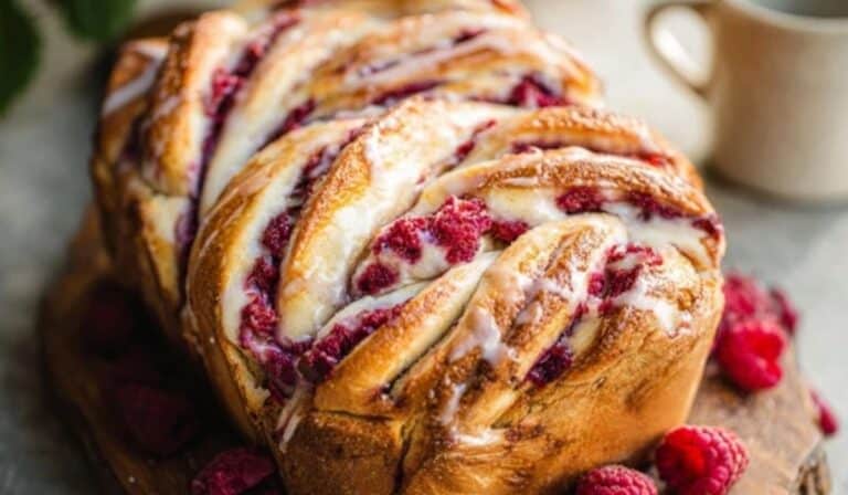 Raspberry Twist Bread loaf on wooden board