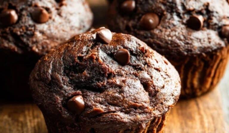 Chocolate Banana Muffins on wooden table