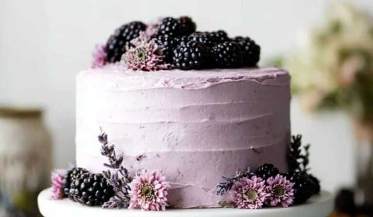 Blackberry Lavender Cake on stand