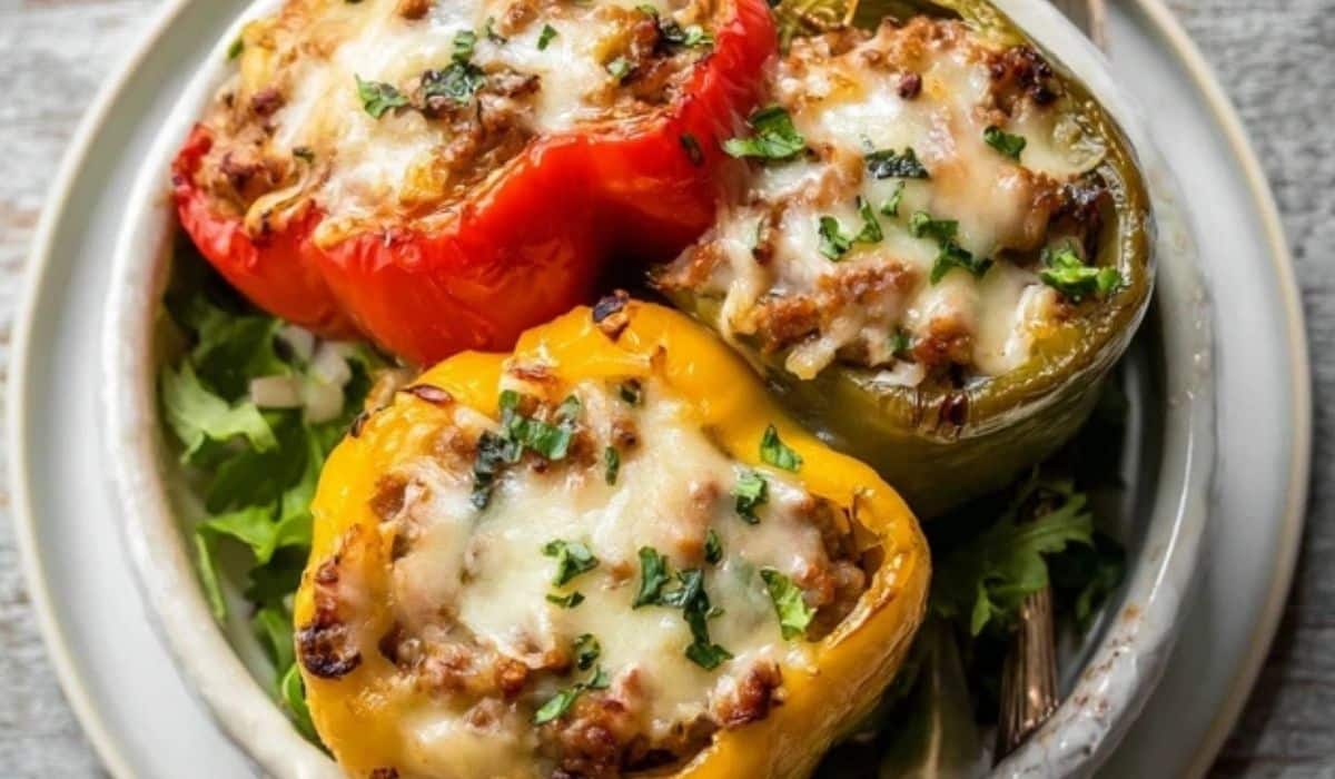 sausage stuffed peppers fresh from oven in casserole dish
