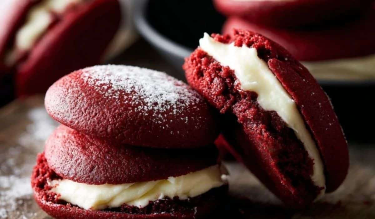 red velvet whoopie pies stacked on rustic table