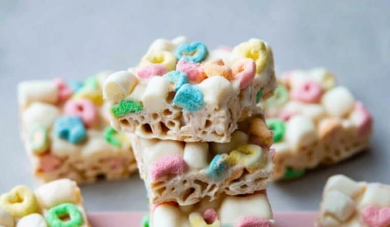 White Chocolate Lucky Charms Treats stacked on table