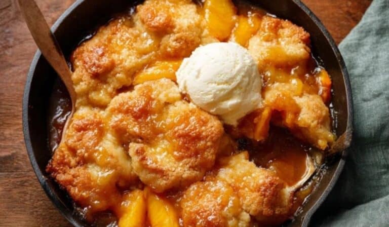 Peach Cobbler Recipe baked in a skillet