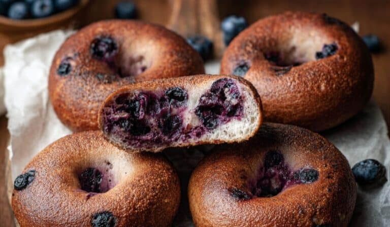 Homemade Blueberry Bagels on rustic board
