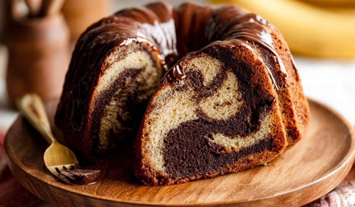 Chocolate Marble Banana Bundt Cake styled on cake stand