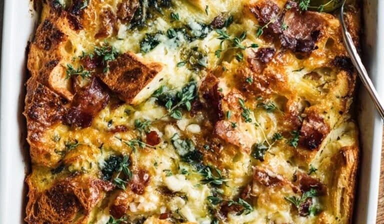 Breakfast strata freshly baked with golden cheese