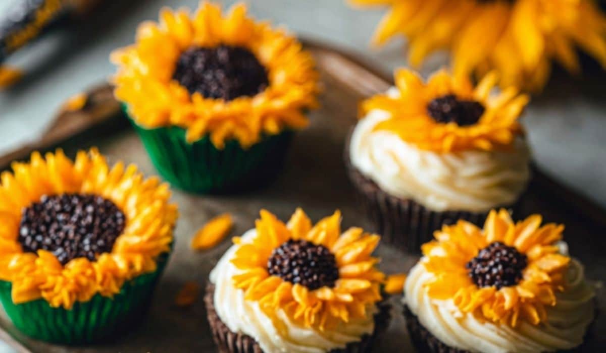 Sunflower cupcakes arranged on wooden tray