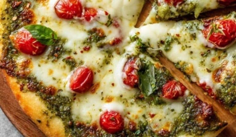 Pesto Pizza fresh from oven with mozzarella and basil
