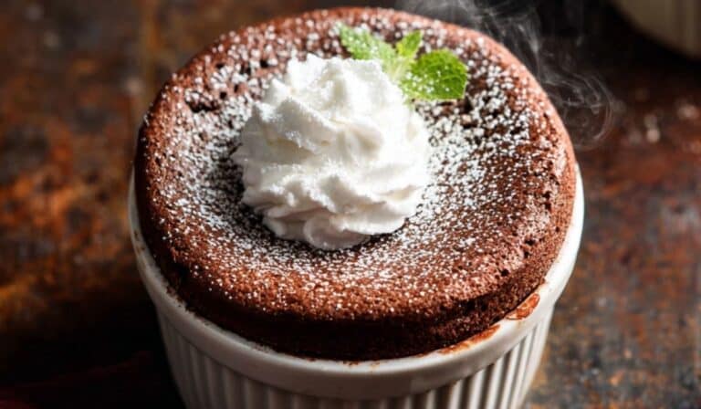 chocolate soufflé in white ramekin