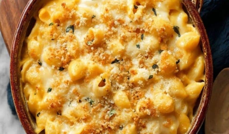 Creamy butternut squash mac and cheese in bowl