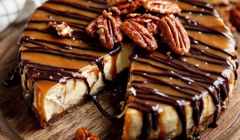 Caramel Turtle Cheesecake with caramel and pecan topping