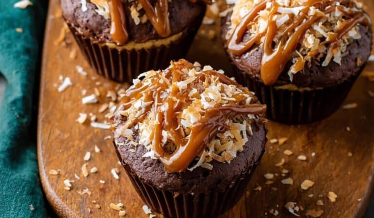 Chocolate Caramel Coconut Cupcakes on tray