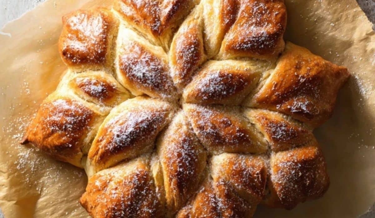 Star bread freshly baked on parchment paper