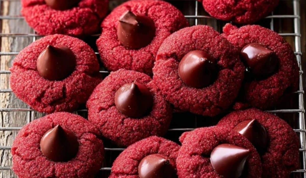 Red Velvet Kiss Cookies on Holiday Plate