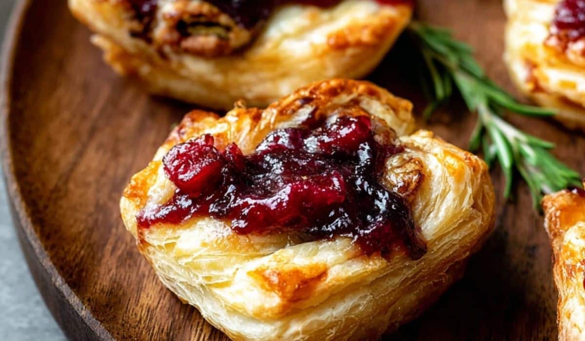 Cranberry Brie Puff Pastry Tart served on rustic board