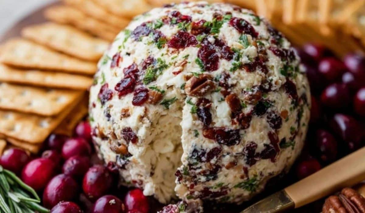 Cranberry Pecan Cheese Ball with crackers
