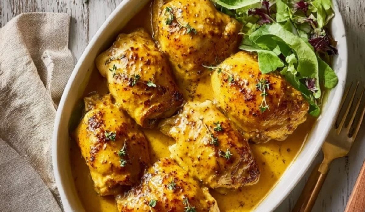 Baked honey mustard chicken thighs in pan with golden sauce and herbs