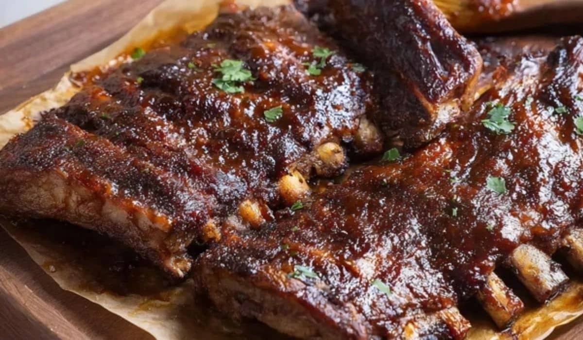 Tender Pork Spare Ribs glazed and sticky on a sheet pan