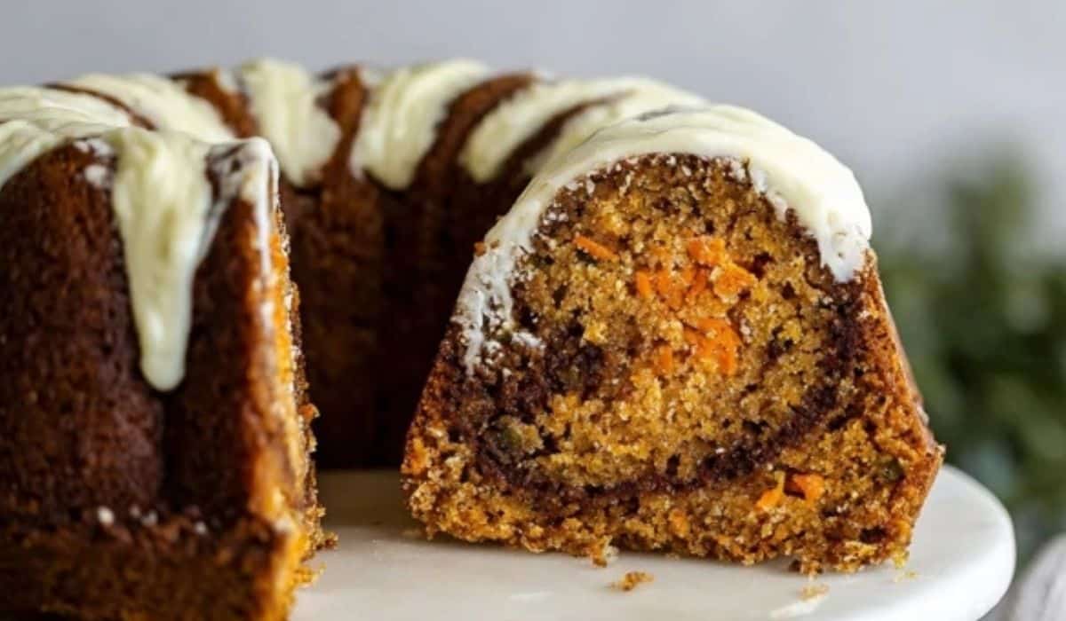 Cheesecake Swirl Carrot Bundt Cake with creamy swirl