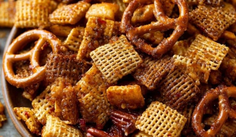 Sweet & Spicy Honey Chex Mix in serving bowl