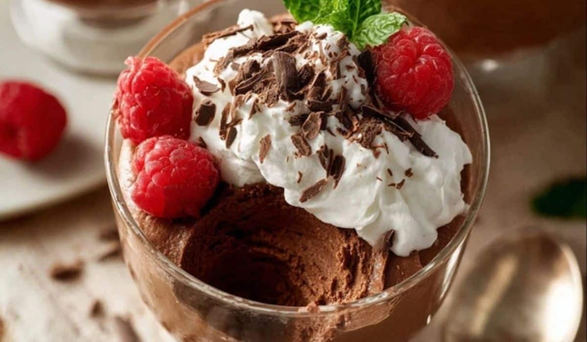 Homemade Chocolate Mousse in glass with whipped cream