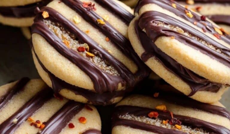 Spicy Striped Fudge Cookie Sandwiches stacked with chocolate glaze