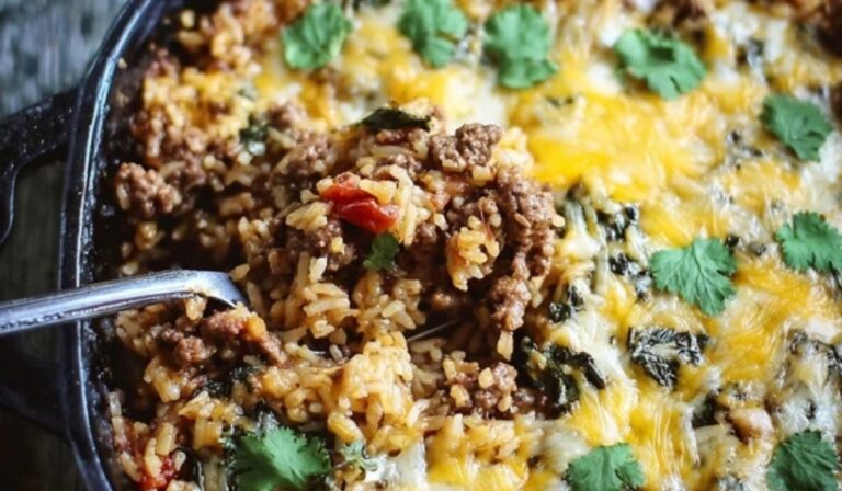 Mexican beef and rice casserole in skillet with melted cheese and cilantro