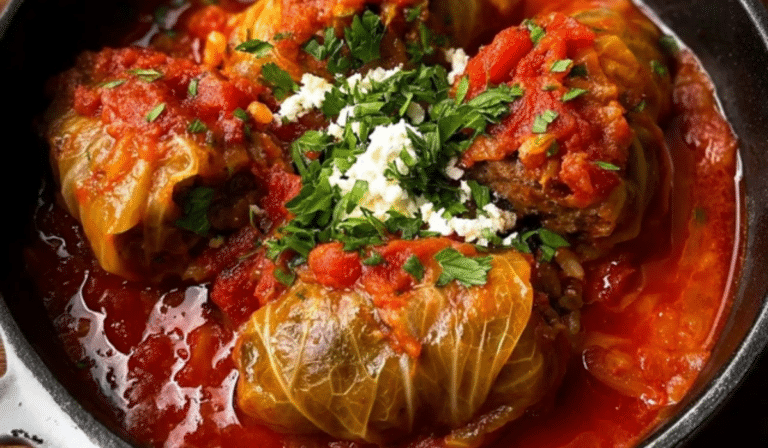 Lamb and Rice Stuffed Cabbage Rolls in tomato broth, topped with herbs