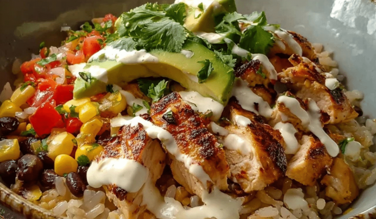 Baja-Style Chicken Bowl with chipotle chicken, rice, corn, and avocado