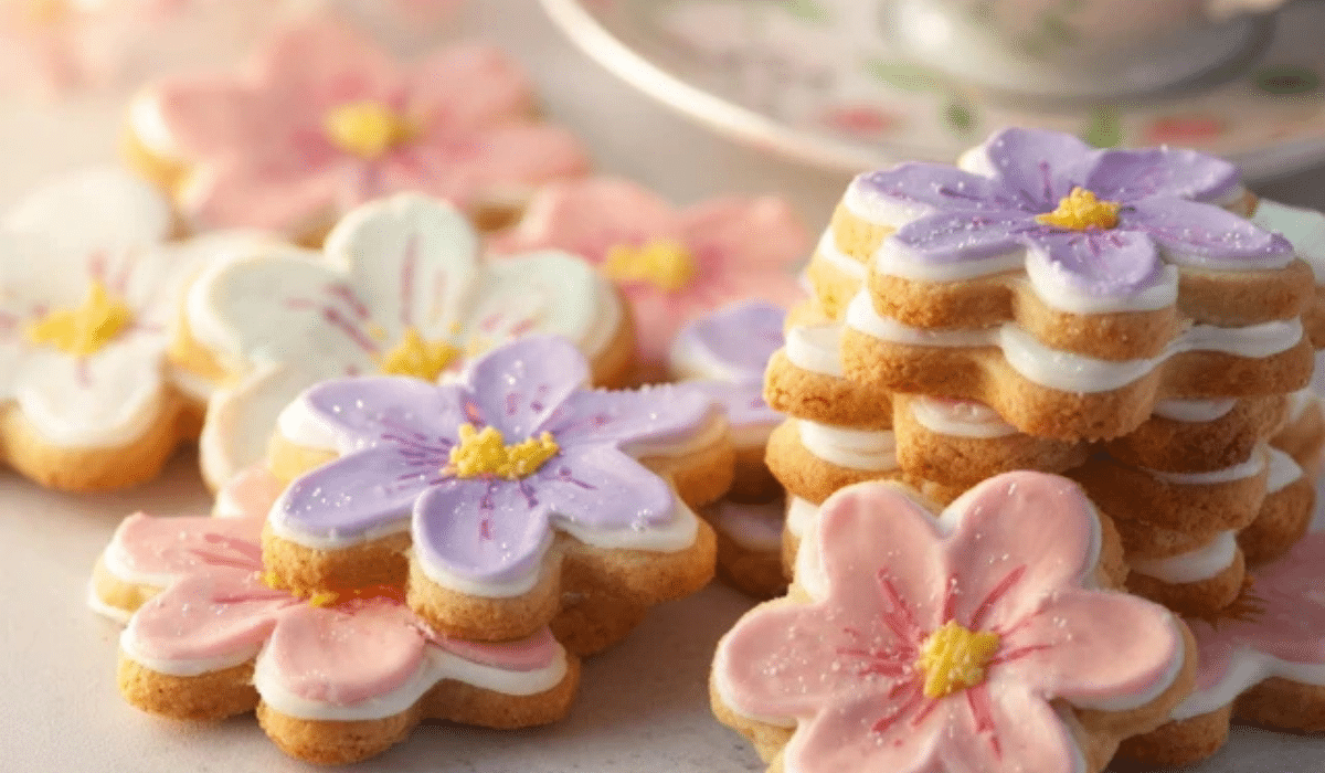 Flower Cookies on a platter with pressed edible flowers